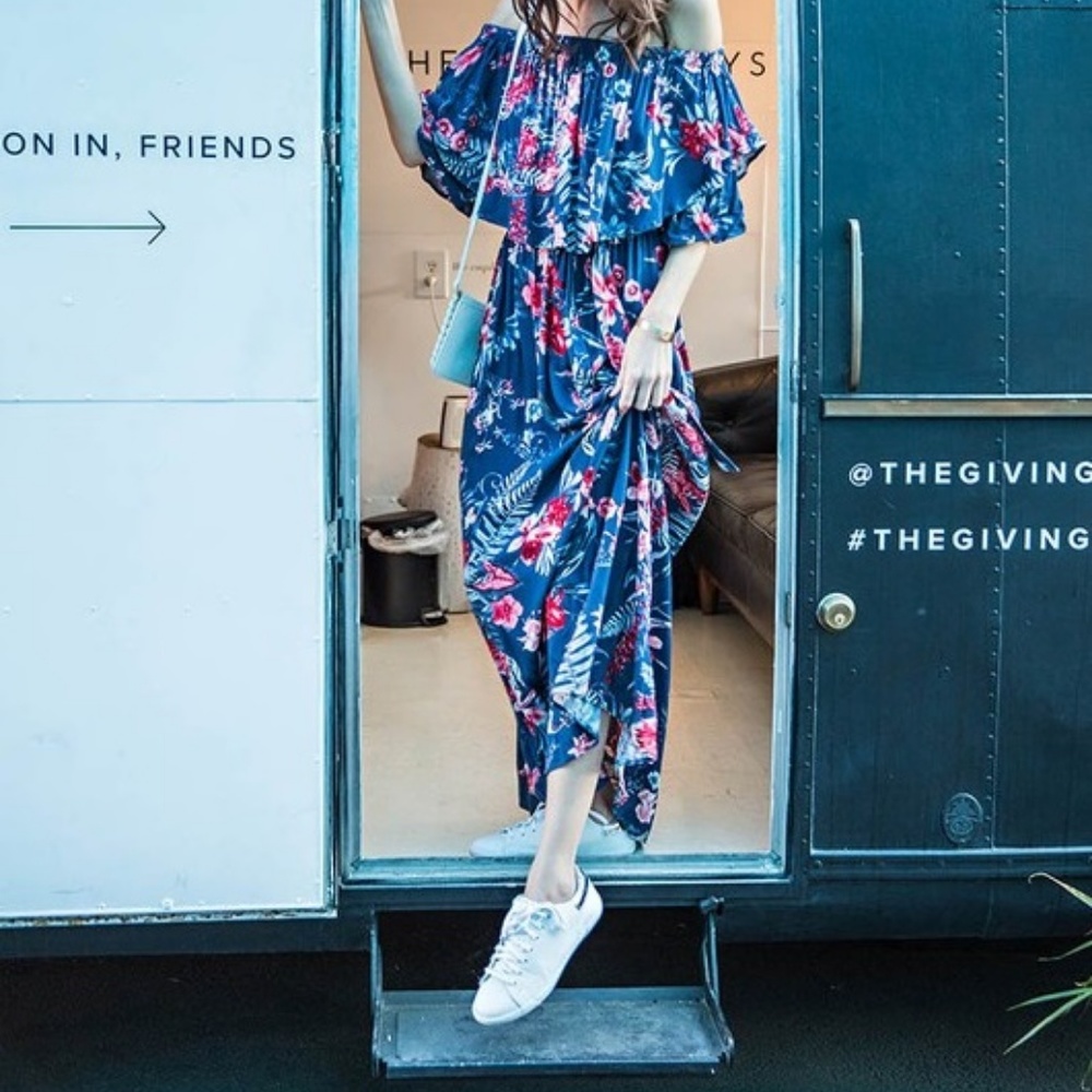 Floral Print Ruffle Off Shoulder Maxi Dress - Picture 7 of 8